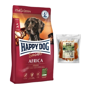 Happy Dog Supreme Africa 12,5kg + WILD FARM Hähnchenbrustfilet am Stiel 500g Hundeleckerli