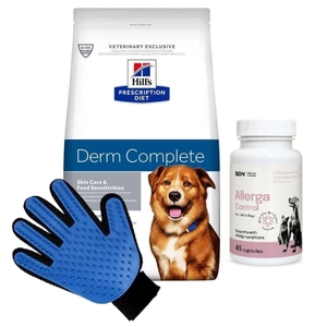 HILL'S PD Prescription Diet Canine Derm Complete 12kg & LAB-V Allerga Control 45 Kapseln + Kämm Handschuh GRATIS