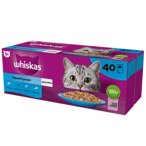 WHISKAS Adult Sachets 40 x 85 g Fishy Treats - Nassfutter für ausgewachsene Katzen in Gelee (Stücke mit: Lachs, Thunfisch, Kabeljau, Weißfisch)