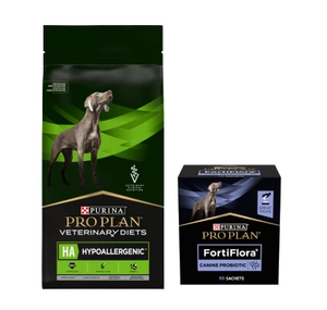 PURINA Veterinary PVD HA Hypoallergenic Dog 11kg + PURINA PVD FortiFlora Dog 30 Beutel