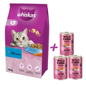 WHISKAS Adult 14 kg - Trockenfutter für ausgewachsene Katzen, mit leckerem Thunfisch + WILD FARM Pate Salmon 3x400g