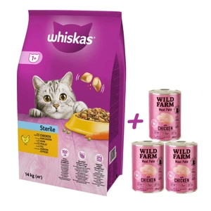 WHISKAS Sterile 14 kg - Trockenfutter für ausgewachsene Katzen nach der Kastration, mit leckerem Huhn + WILD FARM Pate Chicken 3x400g