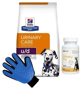HILL'S PD Prescription Diet Canine u/d Urinary Care 10kg & LAB-V Urinary Dog 45 Kapseln + Kämm Handschuh GRATIS