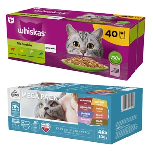 WHISKAS Adult Sachets 40 x 85 g Gemischte Geschmacksrichtungen - Nassfutter für ausgewachsene Katzen in Gelee + Frendi Katzensäckchen mit Fleisch- und Fischgeschmack in Gelee 48x100g