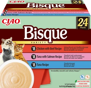 INABA Cat Ciao Bisque - Ergänzungsfuttermittel für Katzen Cremesuppe mit Huhn, Rindfleisch, Thunfisch und Lachs 24x40g