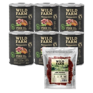 WILD FARM Monoprotein Pork 6x800 g hypoallergenes Hundefutter + WILD FARM Lammwürstchen 500g