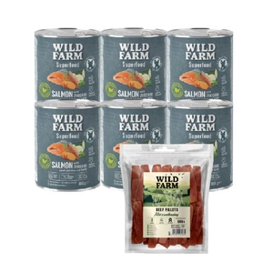 WILD FARM Superfood Lachs (Lachs mit Zucchini, Süßkartoffeln und Kräutern) 6x800g getreidefreies Hundefutter + WILD FARM Rinderfilet 500g