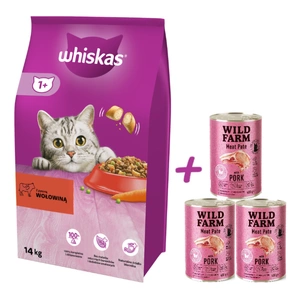 WHISKAS Adult 14 kg - Trockenfutter für ausgewachsene Katzen, mit leckerem Rindfleisch + WILD FARM Pate Pork 3x400g