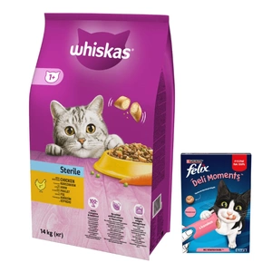 WHISKAS Sterile 14 kg - Trockenfutter für ausgewachsene Katzen nach der Kastration, mit leckerem Huhn + Felix Deli Moments 4x10g