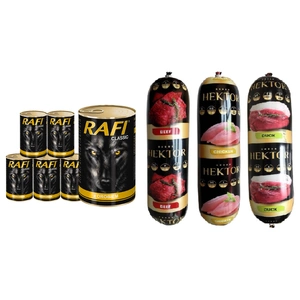 Rafi Classic mit Geflügel in Sauce 6x1240g + Premium Hektor Hundefutter Riegel MIX 3x900g