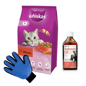 WHISKAS Adult 14 kg - Trockenfutter für ausgewachsene Katzen, mit leckerem Rindfleisch & LAB V Lachsöl 250ml + Kämm Handschuh GRATIS!