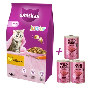 WHISKAS Junior 14 kg - Trockenfutter für Kätzchen, mit leckerem Huhn + WILD FARM Pate Beef 3x400g