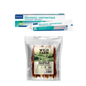 VIRBAC Zahnpasta mit Geflügelaroma zur enzymatischen Hunde Zahnpflege 70g + WILD FARM Entenbrustfilet am Spieß 500g Hundeleckerli