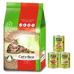 JRS Cats Best Eko Plus - Klumpstreu aus Holz 30l / 13kg + WILD FARM Premium getreidefreies MIX 3x400g