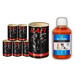Rafi Classic Rindfleisch in Sauce 1240g + LAB V Lachsöl für Hunde und Katzen 250ml