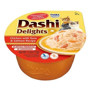 Inaba DASHI Ergänzungsfuttermittel für Katzen - Brühe mit Huhn, Thunfisch und Lachsgeschmack 70 g